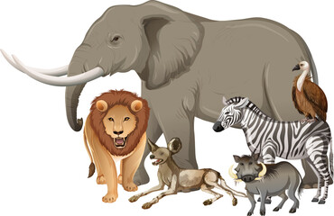 Gruppe wilder afrikanischer Tiere auf weißem Hintergrund © blueringmedia