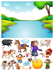 Blank river scene with isolated cartoon character and objects