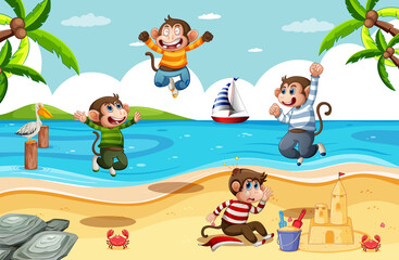 Four little monkeys jumping in the beach scene