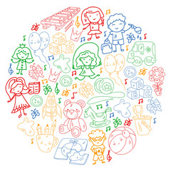 Vector pattern. Kindergarten and toys. Little children game. Kids playground. Education, creativity, imagination.