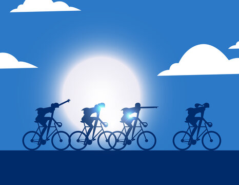 Business Team Silhouette Riding Bicycle Away Forward Together