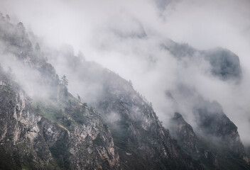 Top in the fog and clouds. Bad weather in the mountains, morning view.