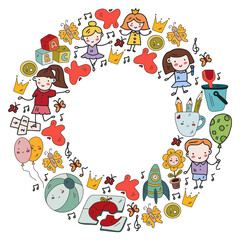 Vector pattern. Kindergarten and toys. Little children game. Kids playground. Education, creativity, imagination.