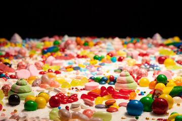 Fototapeta na wymiar Confectioner’s close up of jelly beans, colorful chocolate coated candy, various flavours mixed sweets, marshmallow, snack, caramels, swirls, sugar and cake sprinkles. Candy land explosion dream.