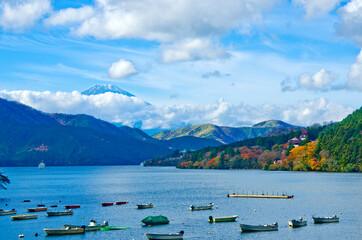 Lake Ashi and mt. Hakone in Hakone town, Japan.
