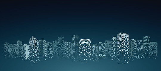 Perspective building. Digital or smart city illustration. City scene on night time.
