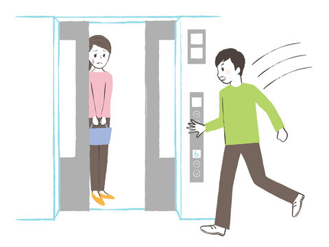 illustration of man  running into elevater