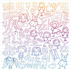 Obraz premium Kindergarten. Vector pattern with toys and small children. Preschool education.