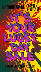 Luck related comic book style sale, discount poster, banner, template. Cartoon style explosion background. Special offer.
