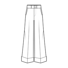 Pants oxford tailored technical fashion illustration with low waist, rise, full length, slant slashed jetted pockets. Flat trousers apparel template front, white, color. Women men unisex CAD mockup