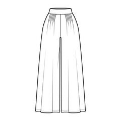 Pants gaucho technical fashion illustration with normal waist, high rise, pleats, ankle cropped length, seam pockets. Flat trousers apparel template, white color. Women, men, unisex CAD mockup