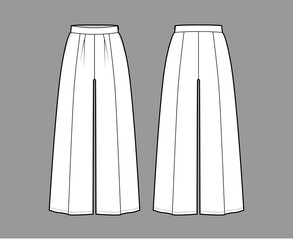 Pants gaucho technical fashion illustration with low waist, rise, single pleat, ankle cropped length, seam pockets. Flat trousers apparel template back, white color. Women, men, unisex CAD mockup