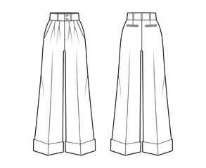 Pants oxford tailored technical fashion illustration with normal waist, high rise, full length, double pleat, slant jetted pockets. Flat template front, back white color. Women men unisex CAD mockup