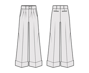 Pants oxford tailored technical fashion illustration with low waist, rise, full length, double pleat, slant slashed jetted pockets. Flat trousers apparel template front, back grey color. Women men CAD