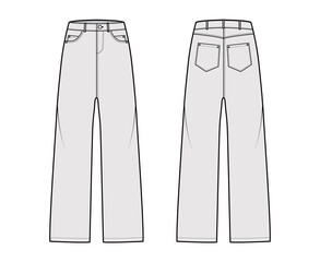 Baggy Jeans Denim pants technical fashion illustration with full length, low waist, rise, Rivets, belt loops. Flat bottom apparel template front, back, white color style. Women, men, unisex CAD mockup