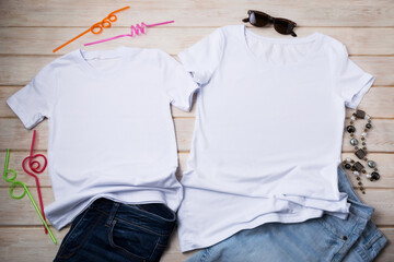 Family look T-shirt mockup with drinking straws and jeans