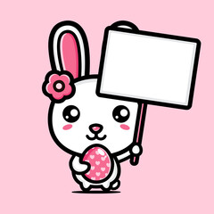 vector design of cute cartoon bunny holding white board and easter egg