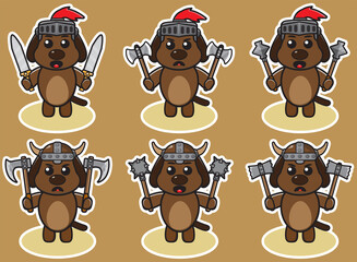 Vector illustration of cute Dog Knight cartoon with Dual weapon. Cute Dog expression character design bundle. Good for icon, logo, label, sticker, clipart.