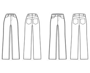 Set of Jeans Denim pants technical fashion illustration with full length, normal low waist, high rise, 5 pockets, Rivets. Flat bottom template front, back color style. Women, men, unisex CAD mockup
