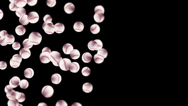 Flying many baseball balls on black background. Bat and ball. Sport equipment. 3D loop animation of baseball balls with red stitching.