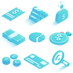 Set of business icons. Gold ingots, magnifier, coins, bundle of money, wallet, credit card, diagram, stopwatch, receipt.Vector illustration in modern isometric style. 3d icons set with shadow.