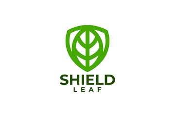 illustration of shield and leaf. nature logo vector with monoline style.