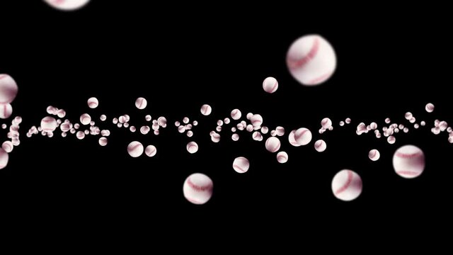 Flying many baseball balls on black background. Bat and ball. Sport equipment. 3D loop animation of baseball balls with red stitching.