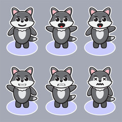 Vector illustration of cute Gray Wolf cartoon. Cute Wolf expression character design bundle. Good for icon, logo, label, sticker, clipart.
