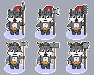 Vector illustration of cute Gray Wolf Knight cartoon two handed weapon . Cute Wolf expression character design bundle. Good for icon, logo, label, sticker, clipart.
