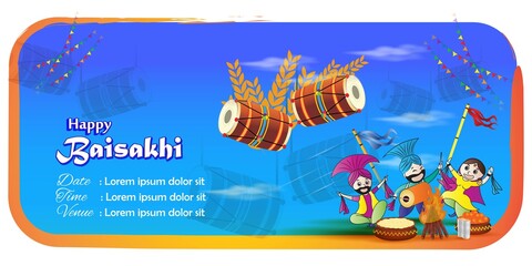 Fototapeta premium Vector illustration for happy Baisakhi, Indian punjabi festival with festival theme elements.