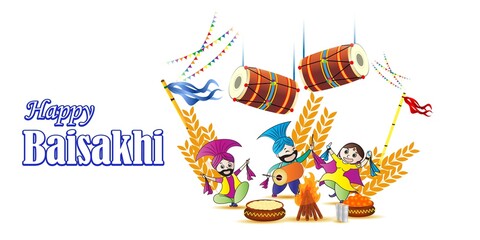 Vector illustration for happy Baisakhi, Indian punjabi festival with festival theme elements.