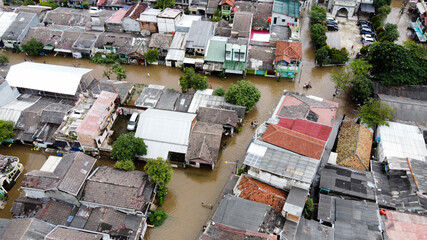 Aerial POV view Depiction of flooding. devastation wrought after massive natural disasters. 