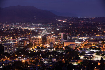 Fototapeta na wymiar Aerial nighttime skyline view of Downtown Riverside, California, USA.