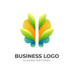 nature brain logo, brain and leaf, combination logo with 3d colorful style
