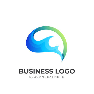 brain wave logo, brain and wave, combination logo with 3d green and blue color style