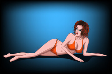Fototapeta na wymiar Vector illustration of a beautiful woman in good shape and sexy in bikini. She was lying on the ground and looking up.