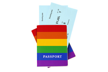 Two passports LGBTQ community rainbow flag color, airplane boarding pass, flight tickets white background isolated, LGBT pride people travel, gay, lesbian etc couple summer holidays, vacation, tourism