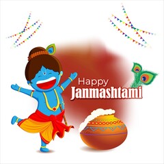 vector illustration for Indian festival Janmashtami, birth of lord Krishna (Hindu god), butter pots, flute on colorful abstract background 