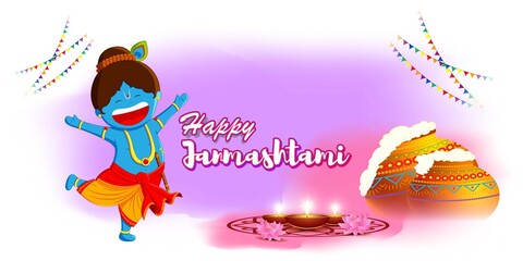 vector illustration for Indian festival Janmashtami, birth of lord Krishna (Hindu god), butter pots, flute on colorful abstract background 