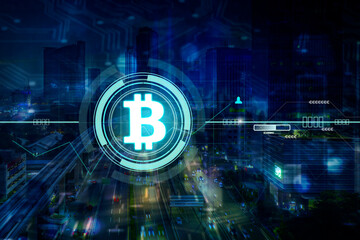 Double exposure of bitcoin symbol with cityscape