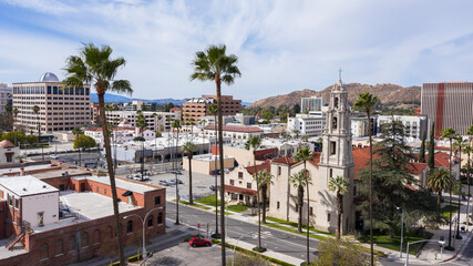 Aerial view of the historic skyline of downtown Riverside, California, USA.