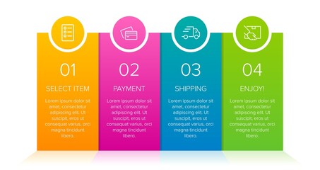 Concept of shopping process with 4 successive steps. Four colorful graphic elements. Timeline design for brochure, presentation, web site. Infographic design layout.