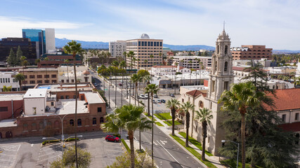 Fototapeta na wymiar Aerial view of the historic skyline of downtown Riverside, California, USA.