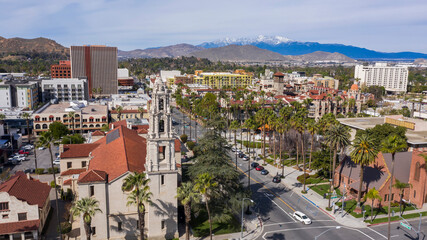 Aerial view of the historic skyline of downtown Riverside, California, USA.