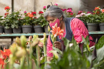 Mexican woman watering plants in nursery Xochimilco, Mexico, wearing face mask, new normal