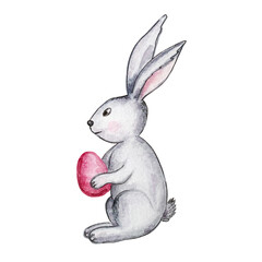Watercolor gray easter bunny with easter egg