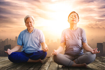 Fototapeta na wymiar Elderly couple practicing yoga at outdoors