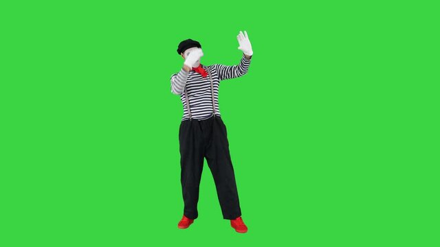 Funny mime taking selfie photos on a Green Screen, Chroma Key.