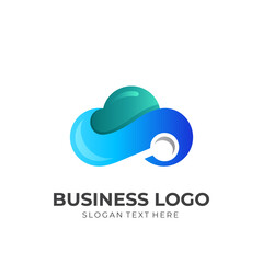 cloud search logo, cloud and magnifying glass, combination logo with 3d blue and green color style