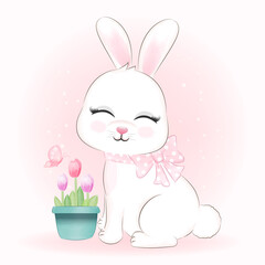 Cute Bunny and tulip in flower pot illustration